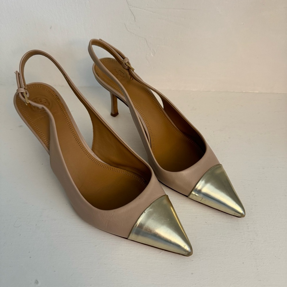 Tory Burch Penelope Sling Back Heels Nude Gold Womens Size 8 READ DESCRIPTION